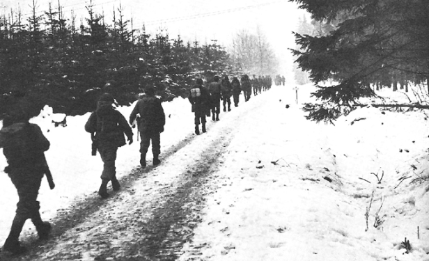 Troops marching through the snow